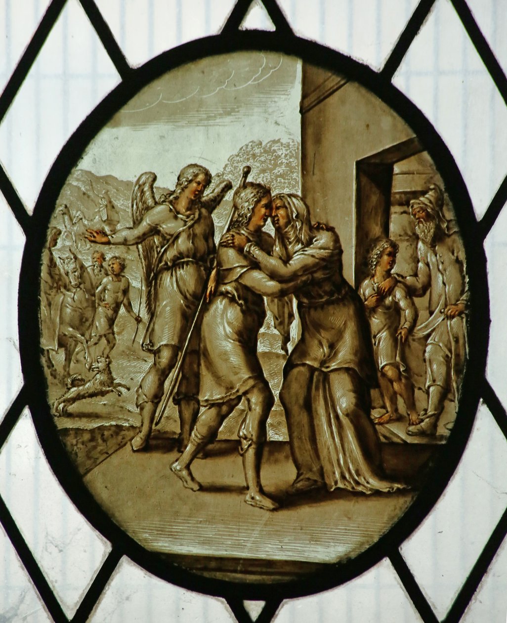 Rondel: Tobias se vrací k Sarah (vitráže) od School Netherlandish