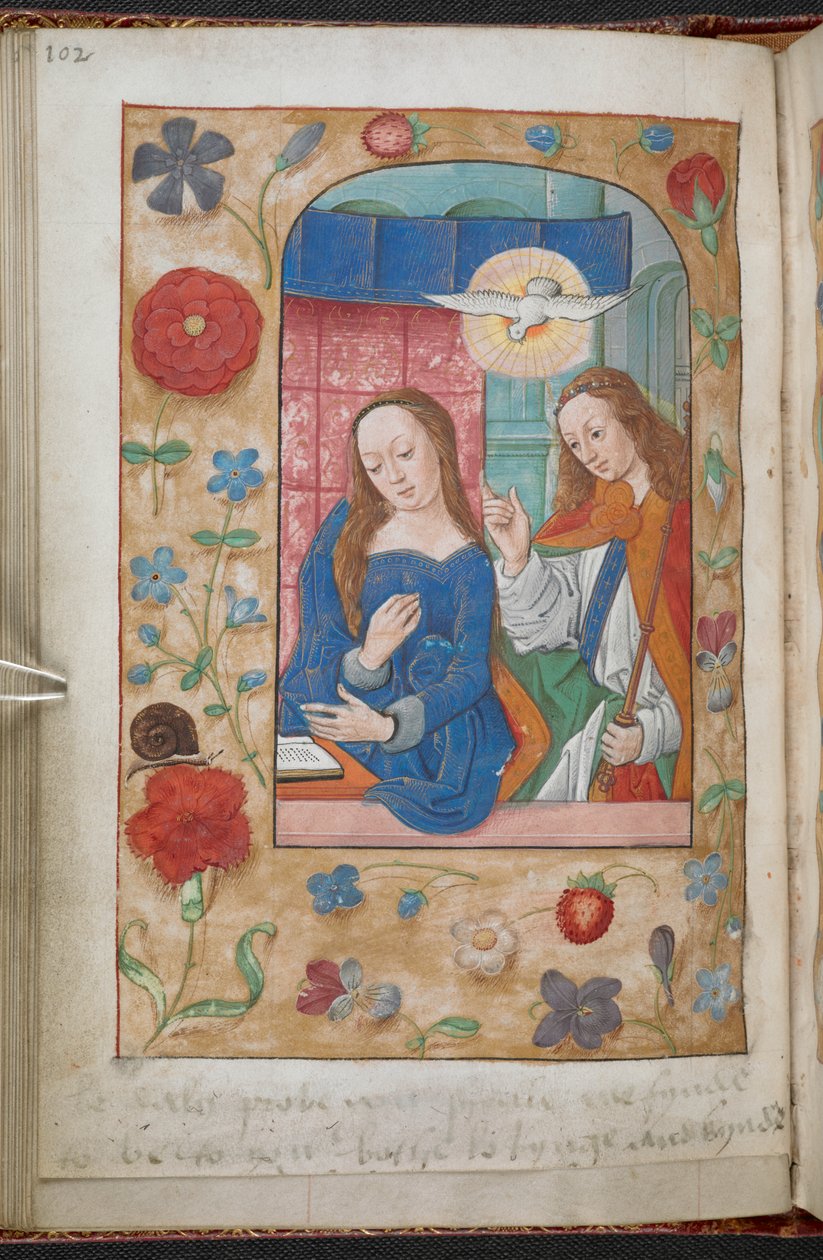 Zvěstování. Hranice květin, ovoce, ptáků, hmyzu atd. v perspektivě na světle zlaté půdě. U paty folia je nápis (rukou Anny Boleynsové): „Buď daly dokázat, že mě musíš fynde být, abych ti byl jak lovynge, tak kynde“, se sv. od School Netherlandish