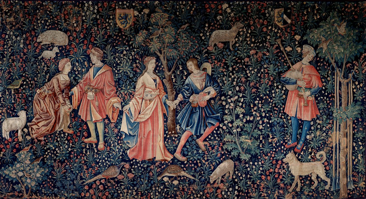 Opona života lorda: galantská scéna. Vlněný a hedvábný gobelín vyrobený kolem roku 1520 v Nizozemsku. Slunce 2,6x3,7 m Paříž, národní muzeum středověku, Thermes de Cluny od School Netherlandish
