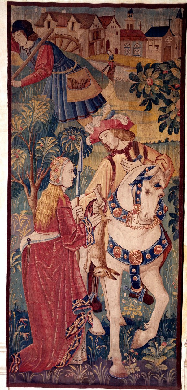 Návrat lovu. Gentleman nabízí hru mladé dámě. Tapiserie z Nizozemska od School Netherlandish
