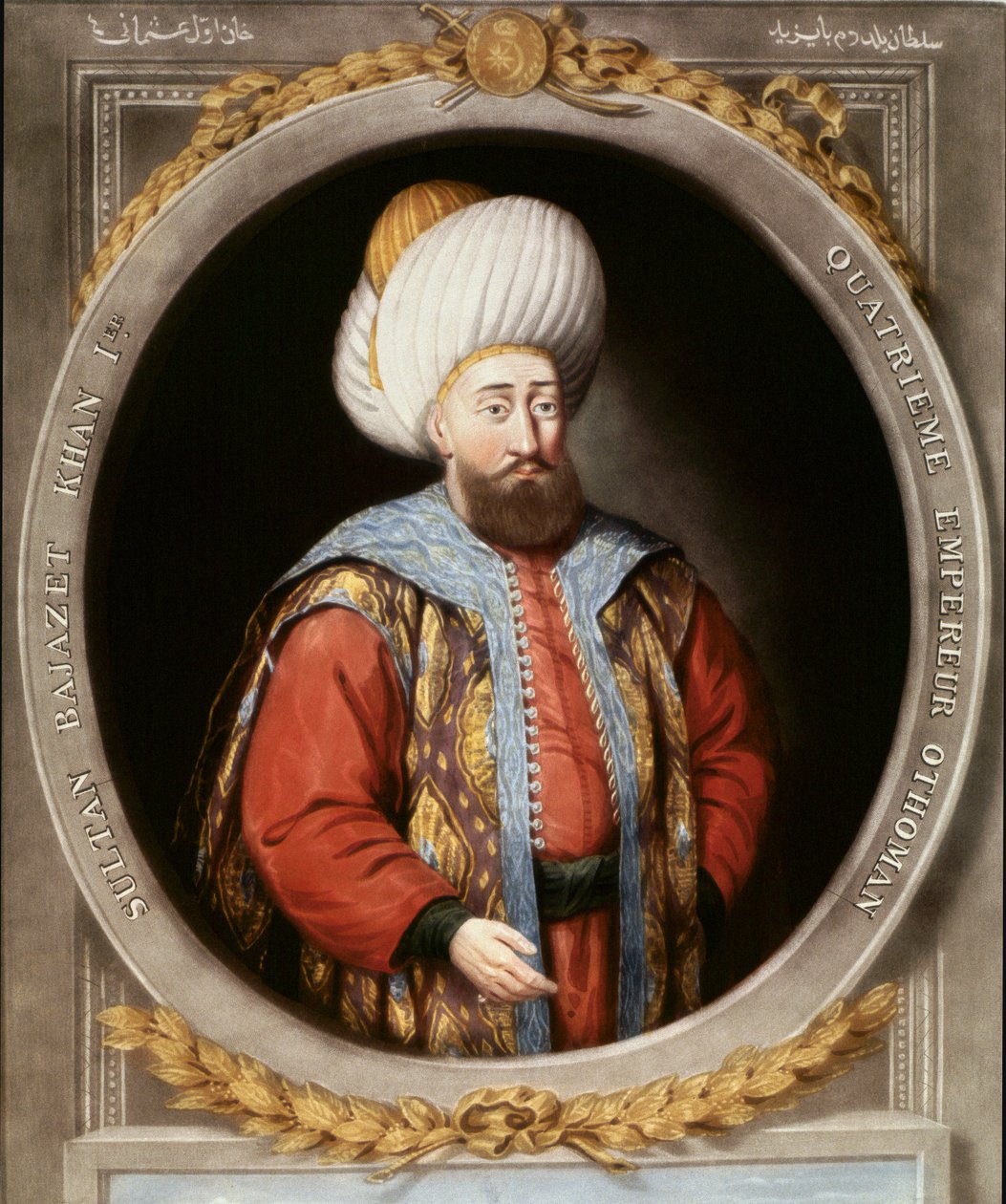 Osmanská říše: portrét čtvrtého osmanského sultána Bajazida I. známého jako Yildirim (Blesk) (1389-1402). Istanbulská knihovna Topkapi Sarayi od School Ottoman