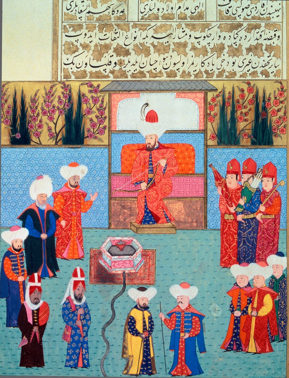 Sultan Orhan (Orkhan nebo Urchan) I (1281-1360) má svůj miniaturní dvůr z „Hunername“ z Lokman, sv. 1 (H 1523, f.7) 1584 Topkapi Sarayi Museum Library Istanbul od School Ottoman