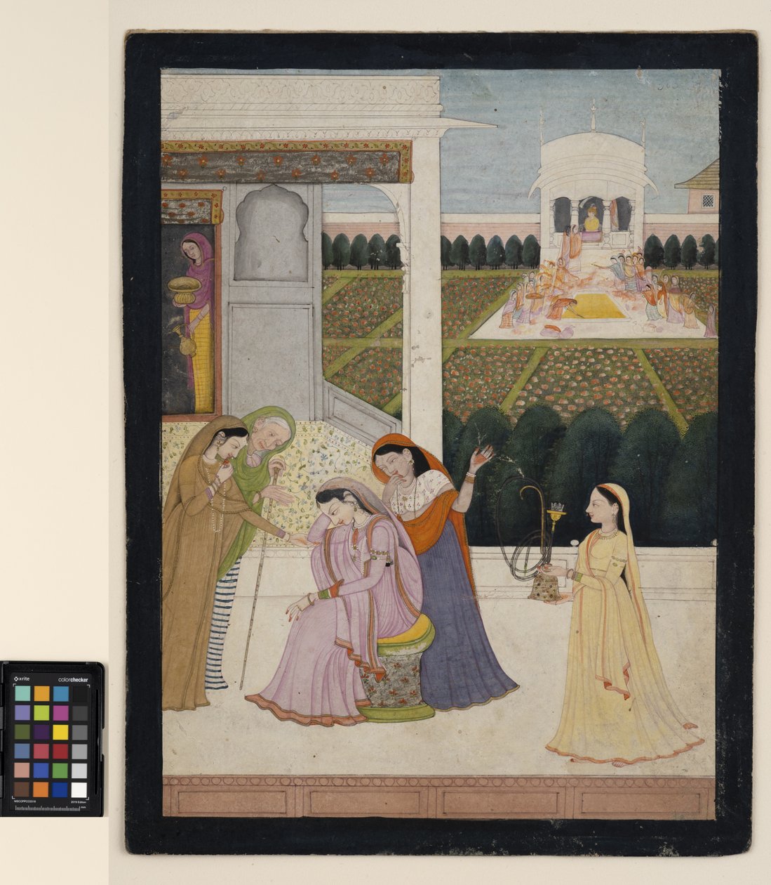 Nespokojená dáma, zatímco ostatní hrají Holi, kolem roku 1790 (neprůhledný akvarel, stříbro a zlato na papíře) od School Pahari