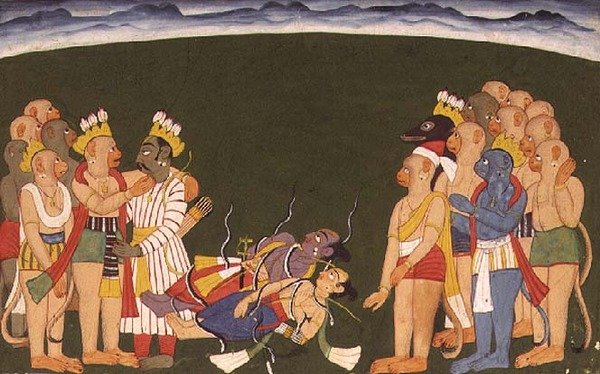 Ráma a Lakšmana zaútočili nagapasou z ‚Sangri Ramayana‘, Kulu-Mandi, Himáčalpradéš od School Pahari