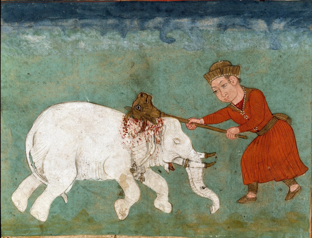 Islámské umění: Rostam (nebo Rustam) mýtičtí hrdinové a syn Zal zabíjí bílého slona. Perská miniatura z rukopisu epické básně „Shahnameh““ (Shah Nama, Shahnama) (Kniha králů) od Ferdowsiho (Firdawsi, nebo Ferdawsi, nebo Firdousi, asi 940-kolem od School Persian