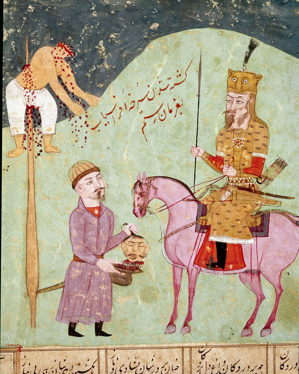 Islámské umění: nabodnutý nepřítel bez hlavy. Perská miniatura z rukopisu epické básně „Shahnameh““ (Shah Nama, Shahnama) (Kniha králů) od Ferdowsiho (Firdawsi, nebo Ferdawsi, nebo Firdousi, asi 940-kolem 1020) Biblioteca Nazionale Neapol od School Persian
