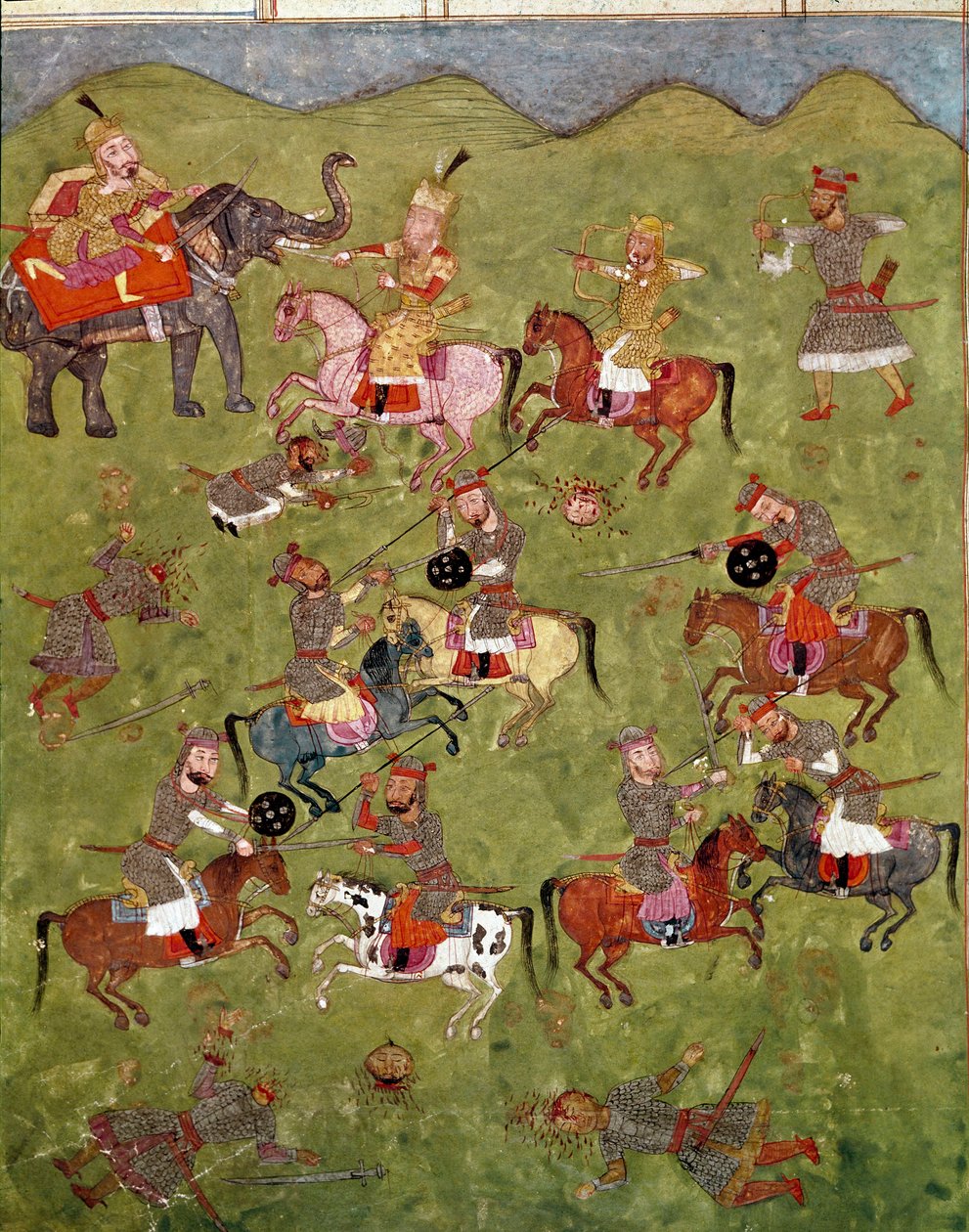 Islámské umění: bitevní scéna. Perská miniatura z rukopisu epické básně „Shahnameh““ (Shah Nama, Shahnama) (Kniha králů) od Ferdowsiho (Firdawsi, nebo Ferdawsi, nebo Firdousi, asi 940-kolem 1020) Biblioteca Nazionale Neapol od School Persian