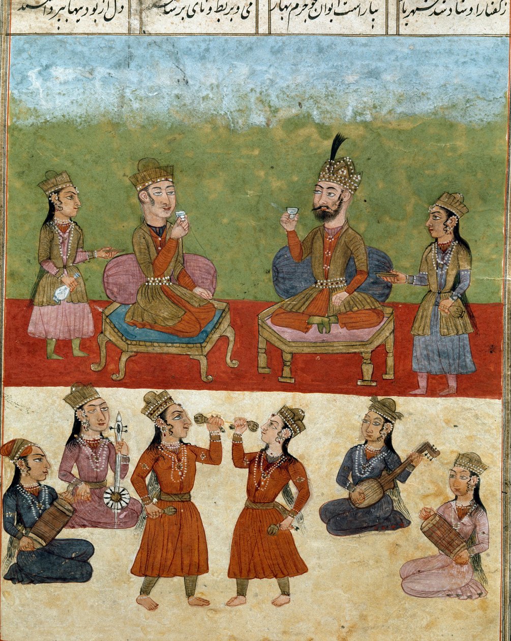 Islámské umění: koncert a zábava v harému. Perská miniatura z rukopisu epické básně „Shahnameh““ (Shah Nama, Shahnama) (Kniha králů) od Ferdowsiho (Firdawsi, nebo Ferdawsi, nebo Firdousi, asi 940-kolem 1020) Biblioteca Nazionale Neapol od School Persian