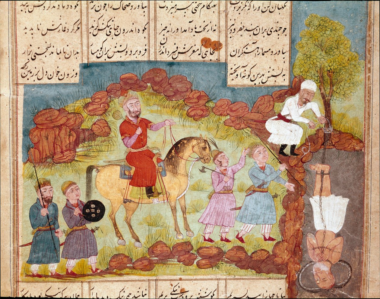 Islámské umění: scéna mučení nepřítele, pohřbívání zaživa u paty stromu. Perská miniatura z rukopisu epické básně „Shahnameh““ (Shah Nama, Shahnama) (Kniha králů) od Ferdowsiho (Firdawsi, nebo Ferdawsi, nebo Firdousi, asi 940-kolem 1020) Bi od School Persian