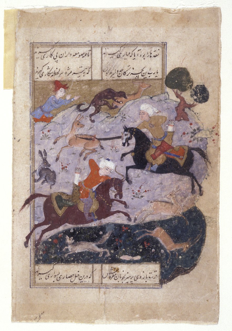Miniaturní „Hunting Scene“ (inkoust, zlato na papíře) od School Persian