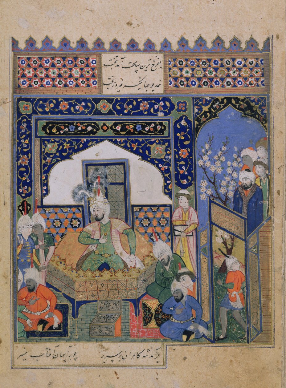 Or.2838 f.20v Timur na trůn v Balchu, perština (vellum) od School Persian