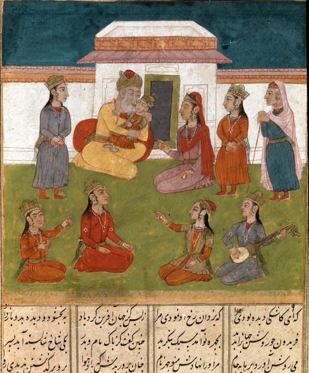 Perská miniaturní harémová scéna z rukopisu epické básně „“ Shahnameh ““ (Shah Nama, Shahnama) (Kniha králů) od Ferdowsiho (Firdawsi, nebo Ferdawsi, nebo Firdousi, asi 940-kolem 1020) Biblioteca Nazionale Neapol od School Persian