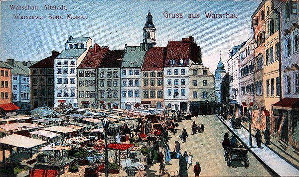 Pohlednice zobrazující Staroměstské tržiště ve Varšavě, kolem roku 1910 (barevné lito) od School Polish