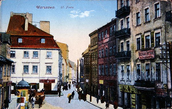 Pohlednice zobrazující pouliční scénu ve starém centru Varšavy, kolem roku 1910 (barevné lito) od School Polish