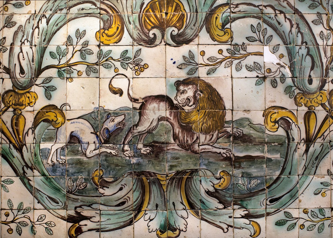 Pes ohrožující lva - Detail dekorativního panelu lovecké místnosti bývalého paláce Praia, Belem, Lisabon (Portugalsko) (Pes útočící na lva, dekorativní panel z lovecké místnosti bývalého paláce Praia, v Belem) - Musee national des od School Portuguese