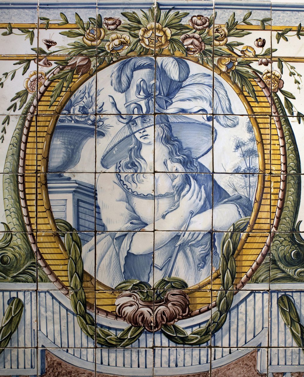 Ornamentální panel s portrétem ženy, Royal factory of Louca, Ratio, fajáns polychromovaný od School Portuguese
