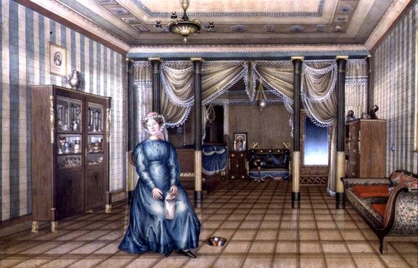 Spinster v neoklasicistním interiéru obývacího pokoje, cca 1835 (akvarel s zvýrazněním na papíře) od School Russian