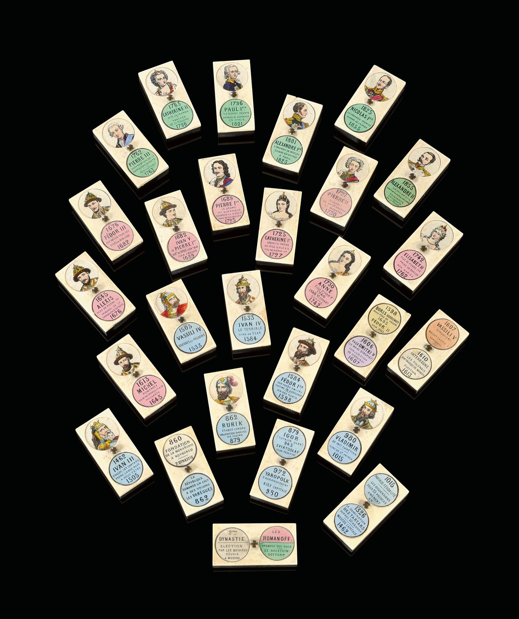 Sada dvaceti sedmi ebenových a kostěných domino, zobrazující ruské cary a carevny, c. 1850-1875 (eben, kost) od School Russian