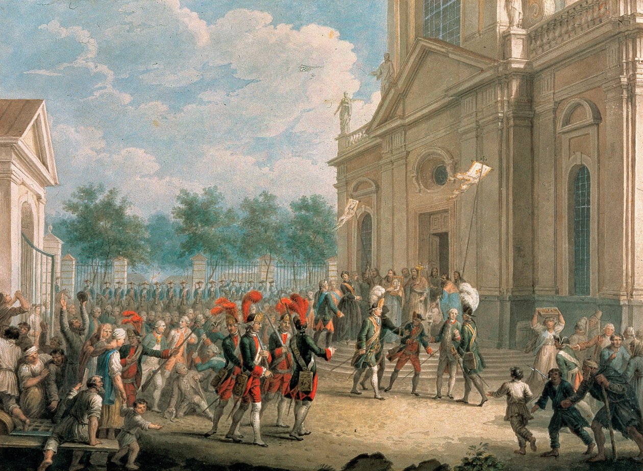 Kateřina II. (1729-1796) na schodech kazaňského dómu (Petrohrad), přivítána duchovními v den svého nástupu na trůn, 28. června 1762. (Kateřina II. na schodišti kazaňského dómu, pozdravena duchovenstvem v den o od School Russian