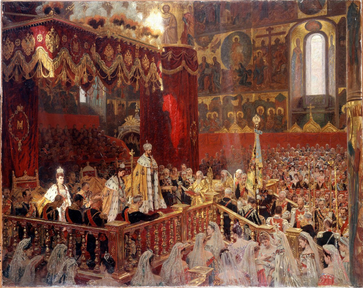 Korunovace Mikuláše II v roce 1896 v Ousensky katedrále v Moskvě - Anonymní ruský obraz od School Russian