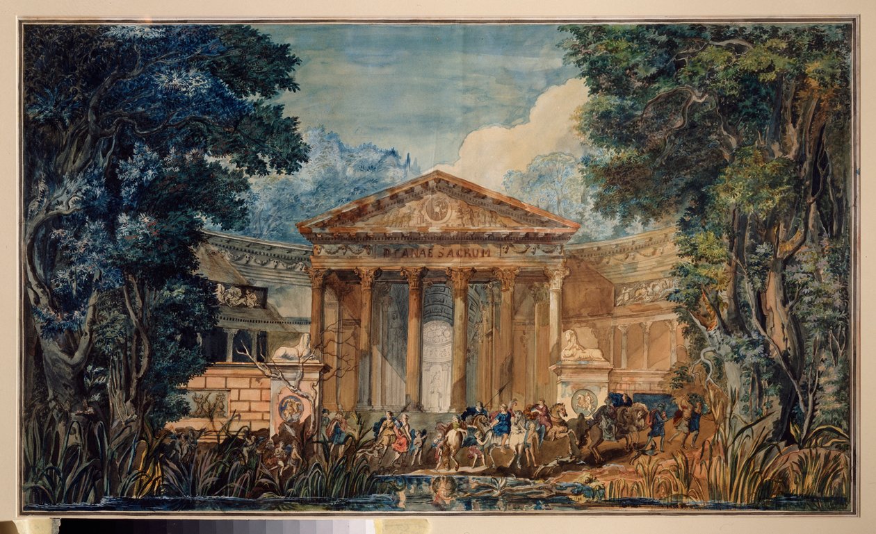 Přípravná výzdoba pro operu "Fedra"" (Phedre) od Giovanniho Paisiella (Paesieillo nebo Paesieixo) (1740-1816). Dílo ruského mistra, akvarel a kvaš na papíře, kolem roku 1800. Ruské scénografické umění od School Russian