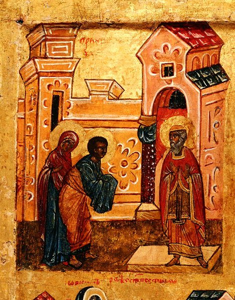 Ikona zobrazující Joachima a Annu na návštěvě jeruzalémského chrámu, kolem roku 1550 (tempera a plátkové zlato na panelu) (detail 314500) od School Russian