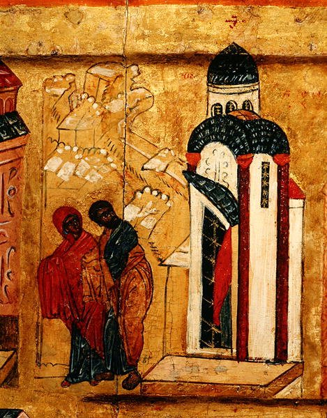 Ikona zobrazující dary Joachima a Anny, které byly odmítnuty kvůli jejich bezdětnosti, kolem roku 1550 (tempera a plátek zlata na panelu) (detail 314500) od School Russian