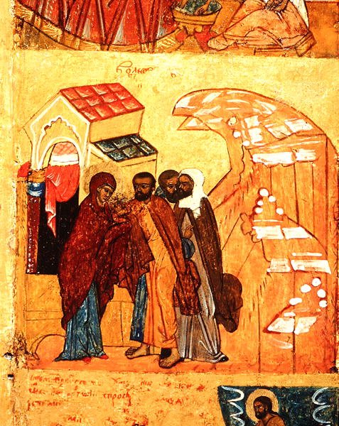 Ikona zobrazující scénu ze života Panny Marie, kolem roku 1550 (tempera a plátkové zlato na panelu) (detail 314500) od School Russian