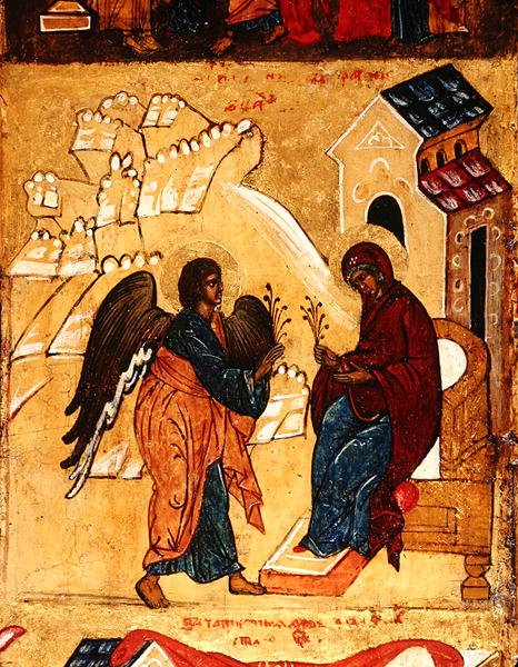 Ikona znázorňující Zvěstování, cca 1550 (tempera a plátek zlata na panelu) (detail 314500) od School Russian