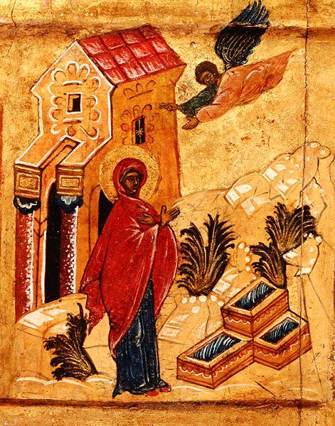 Ikona znázorňující Zvěstování svaté Anně, kolem 1550 (tempera a plátkové zlato na panelu) (detail 314500) od School Russian