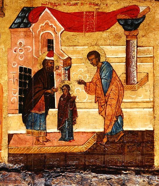 Ikona zobrazující Pannu Marii svěřenou do péče vdovce Josefa kolem roku 1550 (tempera a plátkové zlato na panelu) (detail 314500) od School Russian