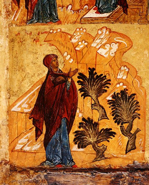 Ikona zobrazující Pannu modlící se v poušti, kolem 1550 (tempera a plátkové zlato na panelu) (detail 314500) od School Russian