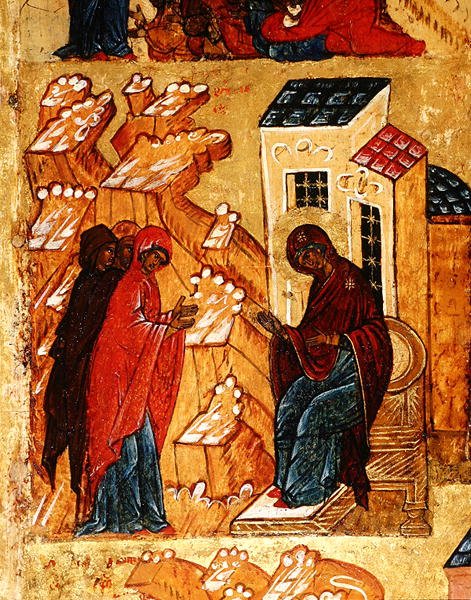 Ikona zobrazující Pannu Marii vybírající nejuznávanější barvy látky, cca 1550 (tempera a plátkové zlato na panelu) (detail 314500) od School Russian