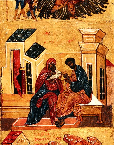 Ikona zobrazující Pannu Marii s rodiči, Joachimem a Annou, kolem roku 1550 (tempera a plátkové zlato na panelu) (detail 314500) od School Russian