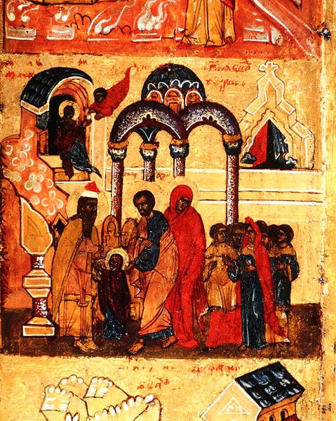Ikona zobrazující dětství Panny Marie a její zasvěcení Bohu, kolem 1550 (tempera a plátek zlata na panelu) (detail 314500) od School Russian
