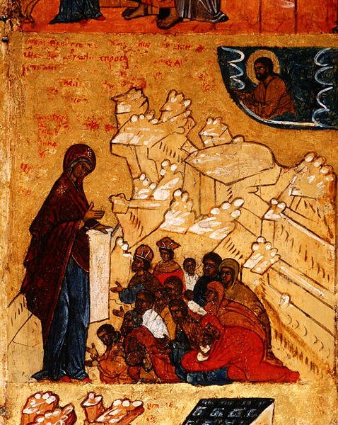 Ikona zobrazující zázračné zjevení Panny Marie princi Andreji Bogolyubskému v roce 1155, kolem roku 1550 (tempera a plátkové zlato na panelu) (detail 314500) od School Russian