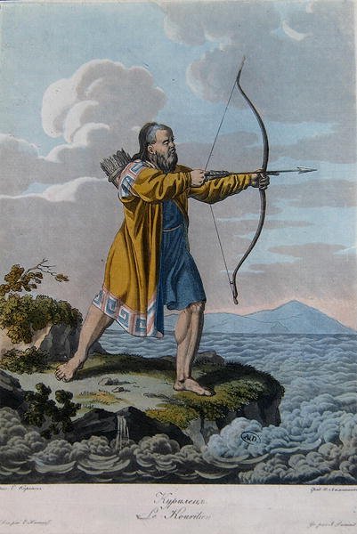 Obyvatel Kurilských ostrovů, kolem roku 1800 (barevná rytina) od School Russian