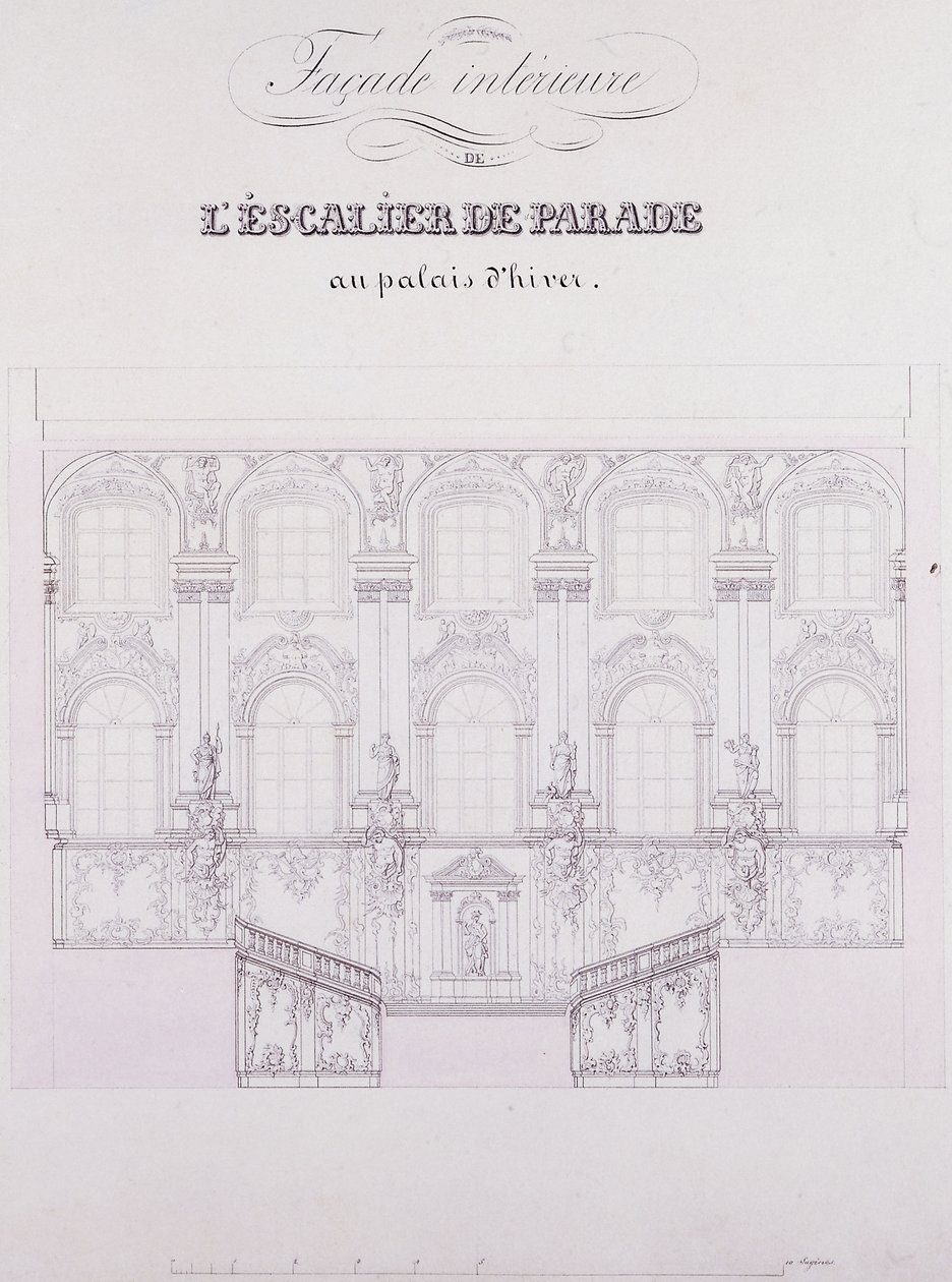 Vnitřní průčelí Přehlídkových schodů u Zimního paláce; Vnitřní fasáda Parade Staircase v Zimním paláci, kolem roku 1838 (kresba perem a tuší na papíře) od School Russian