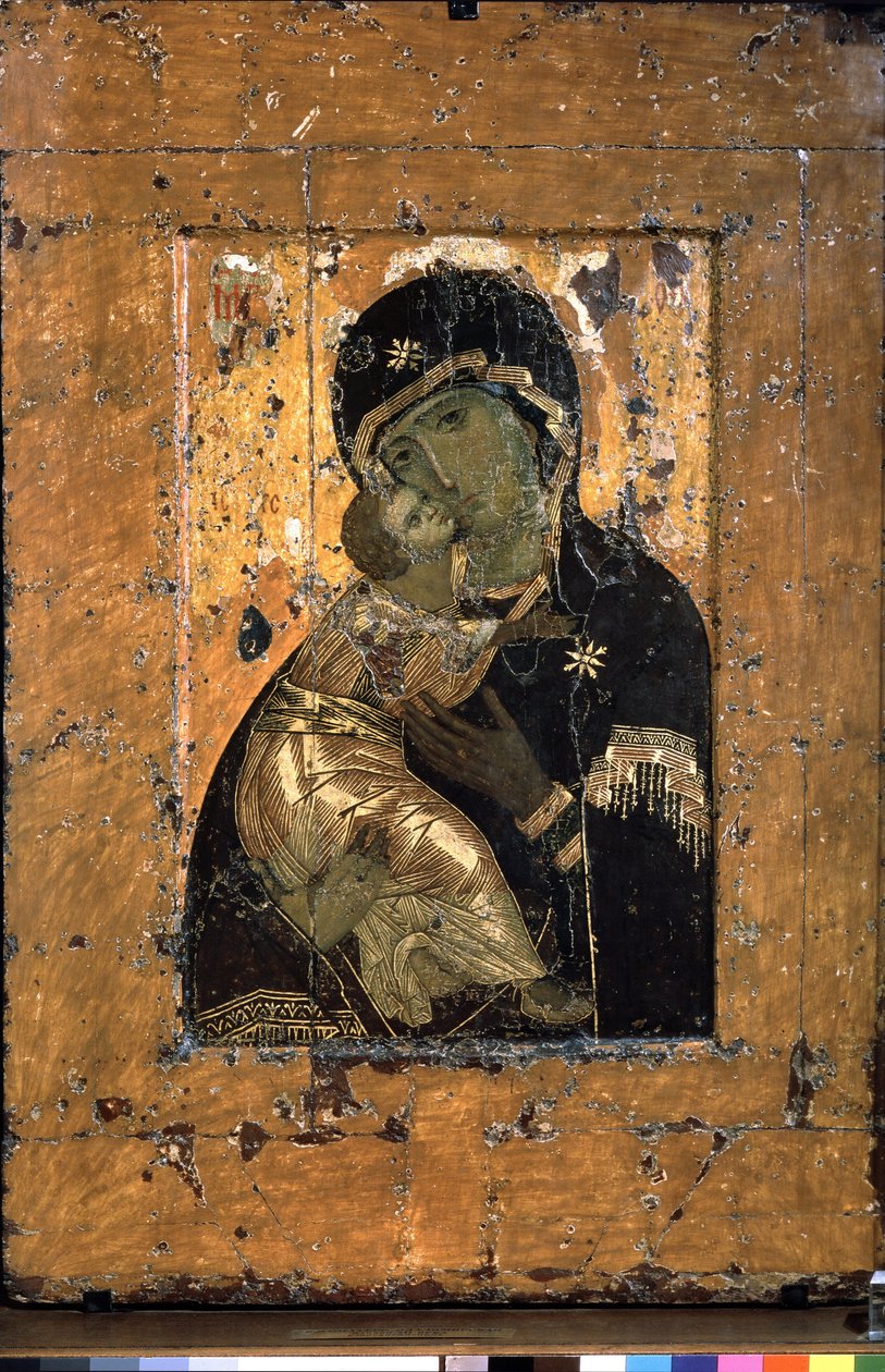 Panna Vladimíra (The Virgin of Vladimir). Tradiční znázornění Panny něhy a dítěte Ježíše přitulujícího se k tváři své matky. Nejuctívanější pravoslavná ikona Ruska, mnohokrát kopírovaná. Byzantská ikona, tempera od School Russian