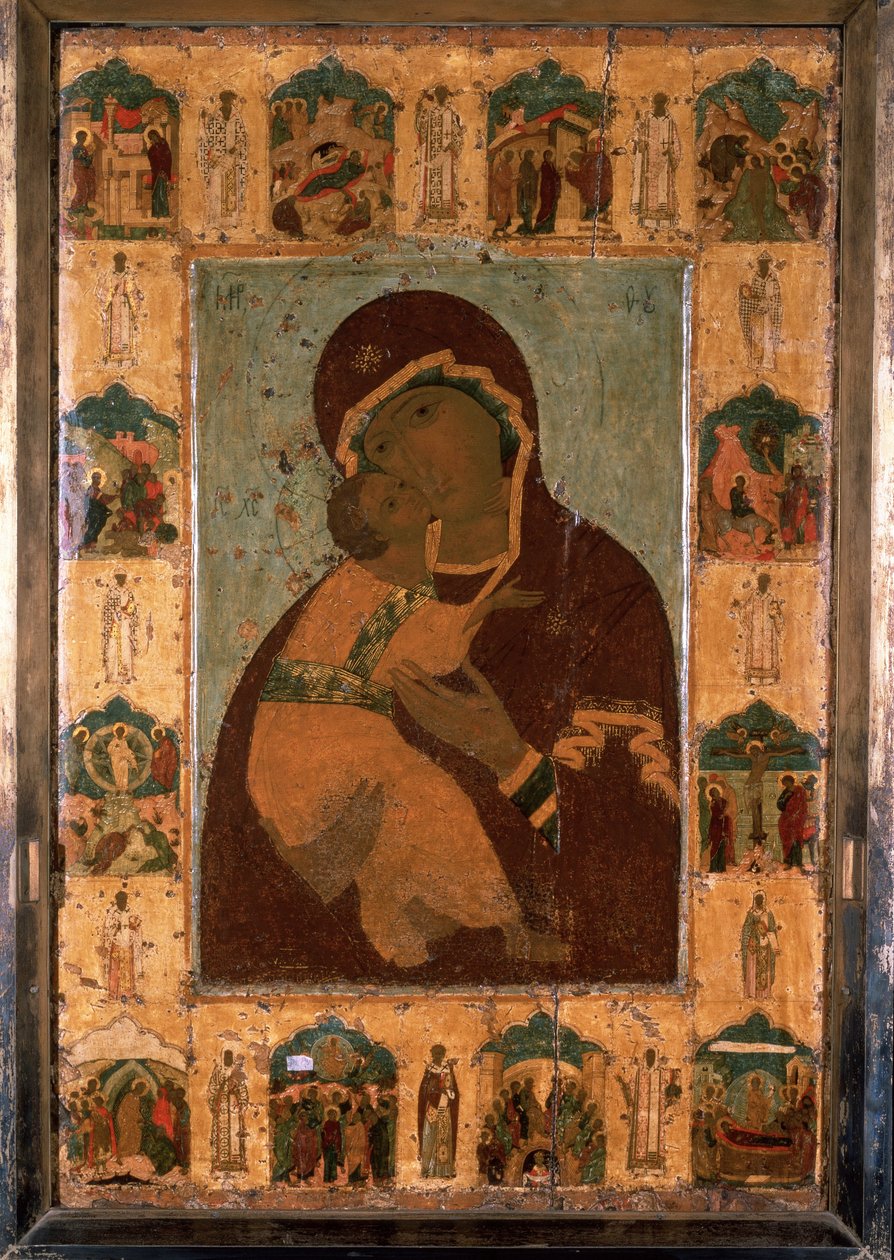 ""Panna Vladimírova"" (Vladimirskaia) ruská ikona. Malování na dřevo. 1514 Dormition katedrála Kremlu, Moskva od School Russian
