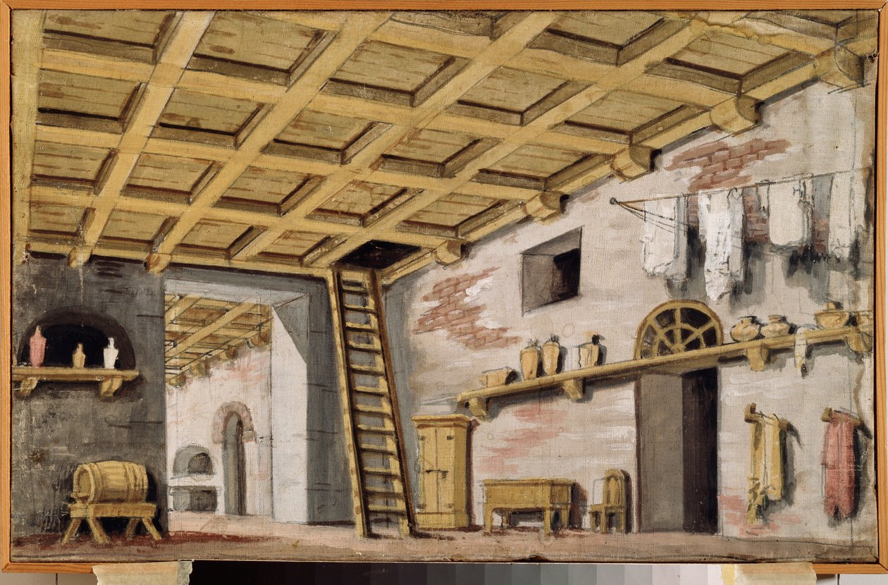 Kuchyně. Přípravná výzdoba pro hru. Dílo ruského mistra, kolem roku 1790, tempera na plátně. Ruské scénografické umění 18. století. Muzejní palác Ostankino, Moskva. od School Russian