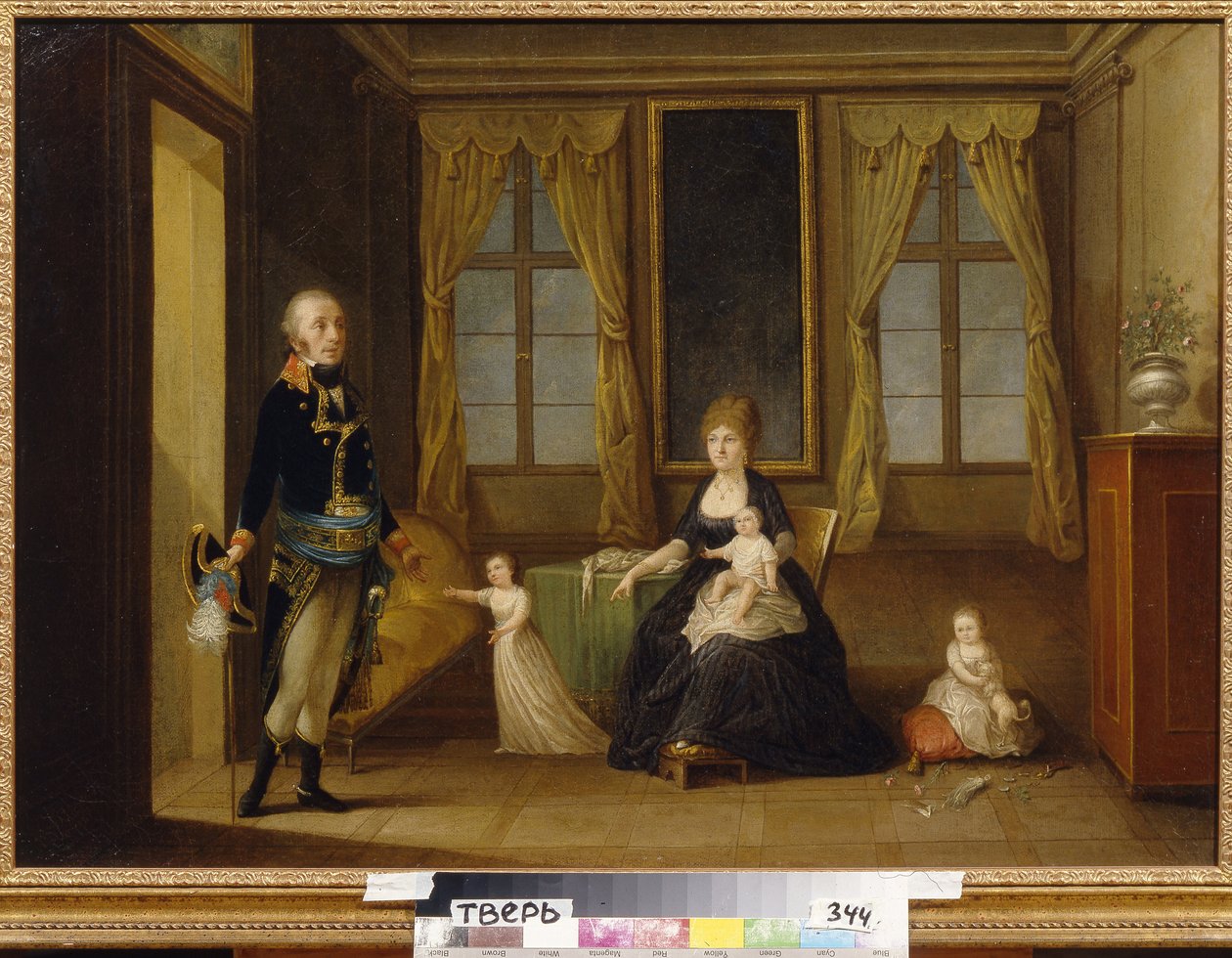 Rodina Chernishoffů. (The Chernyshov Family). Popis rodinného života, otec vchází do pokoje, kde je jeho žena a děti, jeden vstává s otevřenou náručí, aby ho přivítal, druhý sedí na polštáři s rozházenými hračkami od School Russian