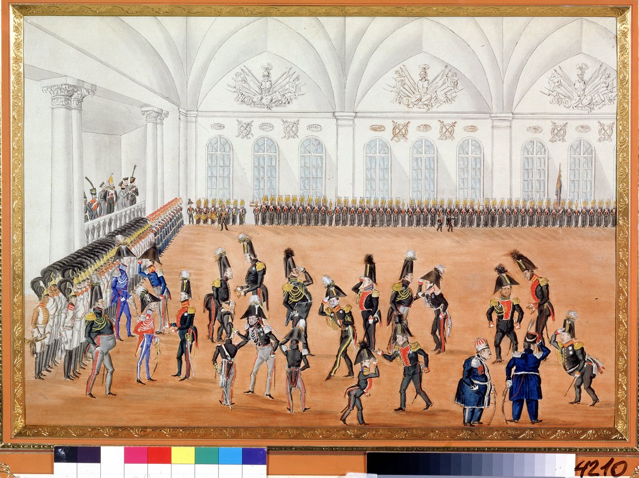 Průvod stráží. Anonymní malování. Akvarel na papíře, kolem roku 1820. Ruské umění, satira. A. Pushkin Memorial Museum, Petrohrad. od School Russian