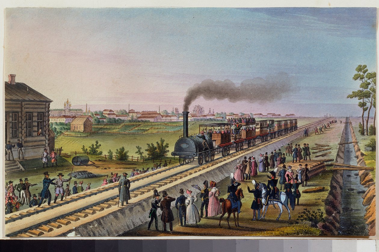 Příjezd prvního vlaku z Petrohradu do Carského Sela, 30. října 1837. Dílo ruského mistra, akvarel na papíře od School Russian
