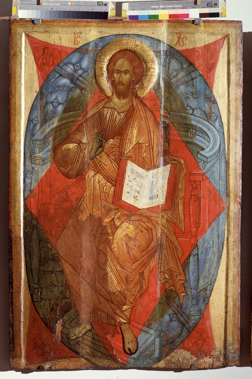 Christ in Majesty, Spasitel světa (Christ in Majesty, Spasitel světa). Ježíš Kristus ve velebnosti (ve slávě) v mandorle činící znamení požehnání. Ruská ikona, tempera na dřevě, počátek 16. století, umění z Rostova Suzdalu. Stát A.Rubl od School Russian