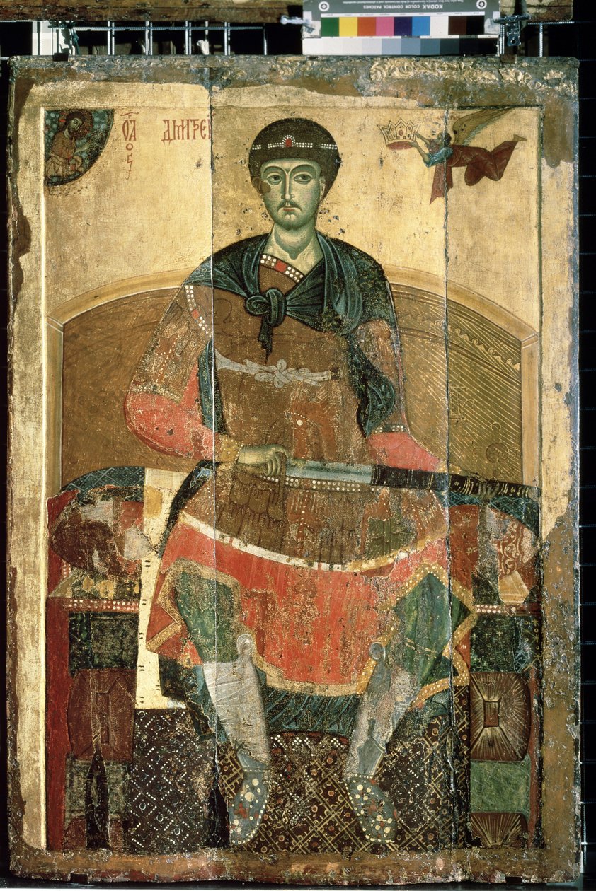 ""Křesťanský mučedník svatý Demetrios Soluňský na trůn"" ruská ikona. Malba na dřevě z počátku 13. století Státní Treťjakovská galerie, Moskva od School Russian
