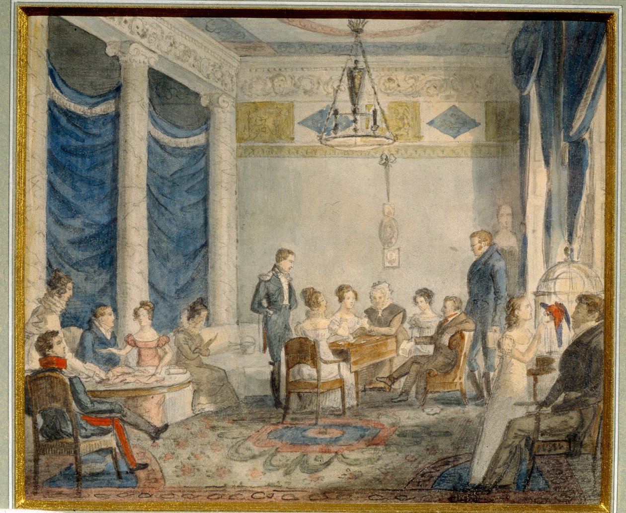 Rodinný obývací pokoj Olenin v Priyutino (Rusko). (Salon Olenin Family V Priyutino). Umělecké a literární setkání, v rezidenci Alexeje (Aleksina) Nikolajeviče Olenina (1778-1836), učence a státníka, nedaleko Petrohradu, jehož f od School Russian