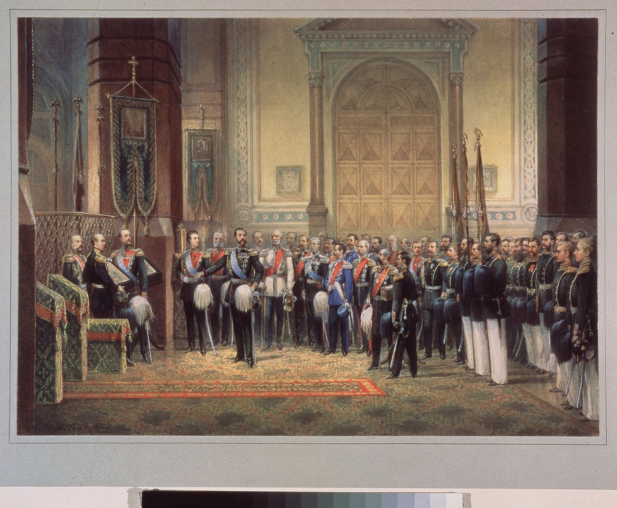 Přísaha věrnosti careviče Nicholase Alexandroviče Romanova Ruska (1843-1865) v armádním kostele. Práce ruského mistra, akvarel na papíře od School Russian