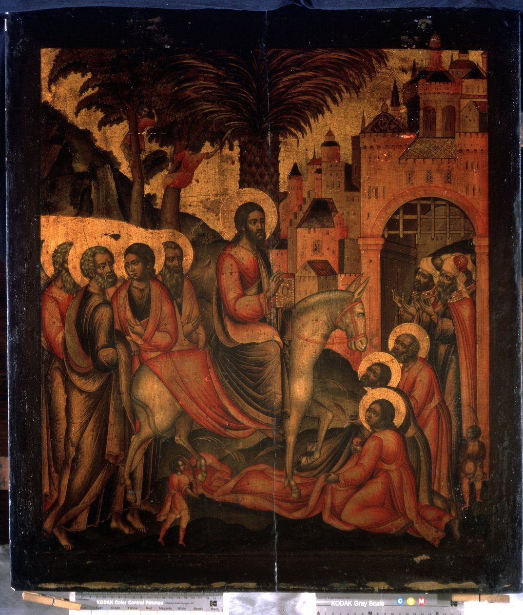 Ruská ikona „Vstup Krista do Jeruzaléma“. Malba na dřevě ze 17. století State United Museum Center v Kremlu, Moskva od School Russian