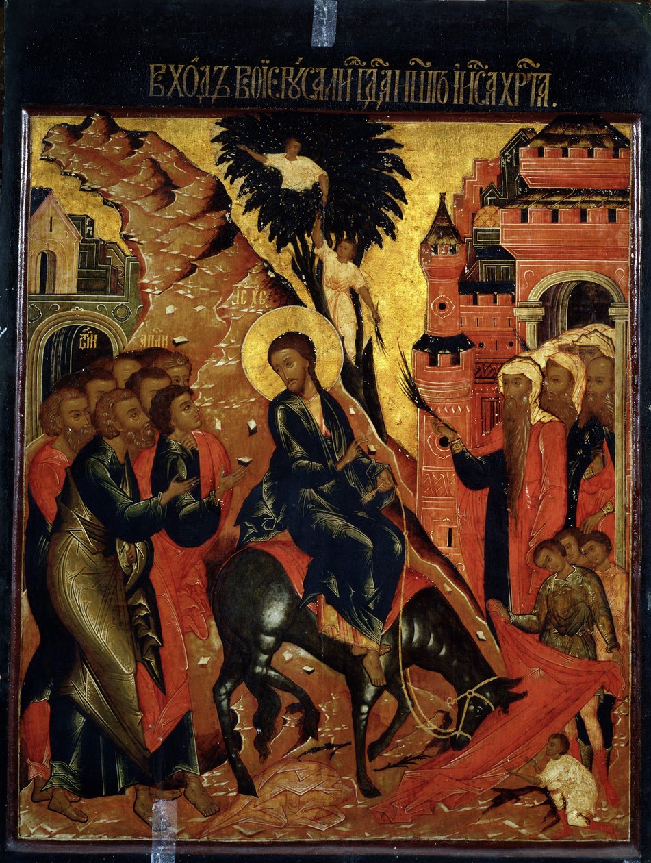 Ruská ikona „Vstup Krista do Jeruzaléma“. Malování na dřevo. 17. století. Státní muzeum umění, Jaroslavl od School Russian